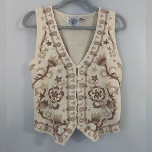 Vintage Cottagecore Embroidered Knit Vest Floral Button Front